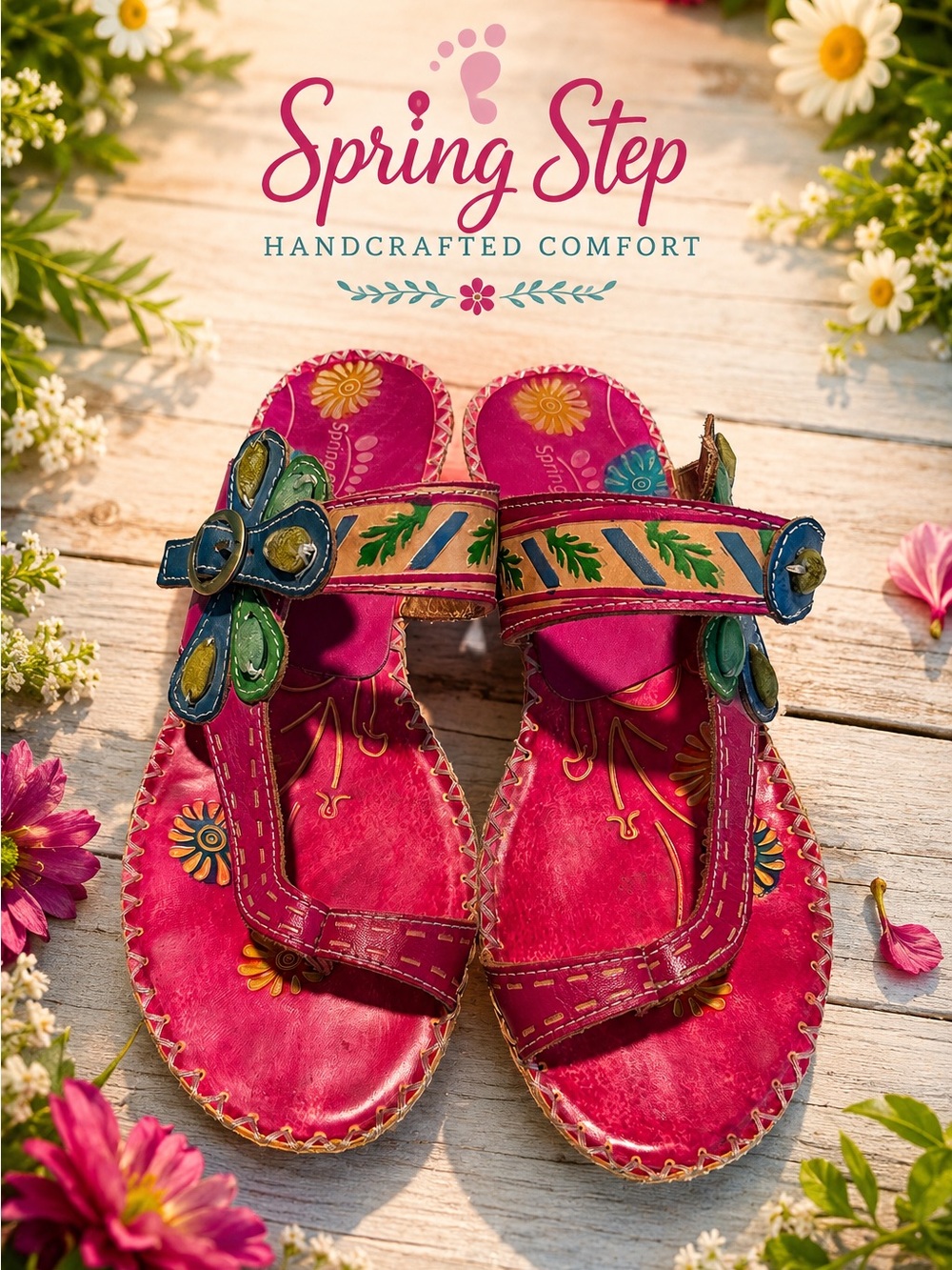 Spring Step L’Artiste Pink Floral Leather Sandals Boho 38 Size 8 T Strap